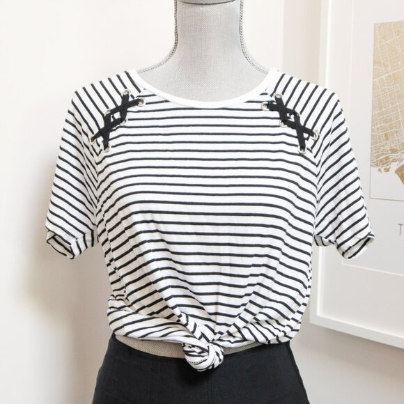Black & White Striped Lace Up Tee 🕸️ - Picture 1 of 6